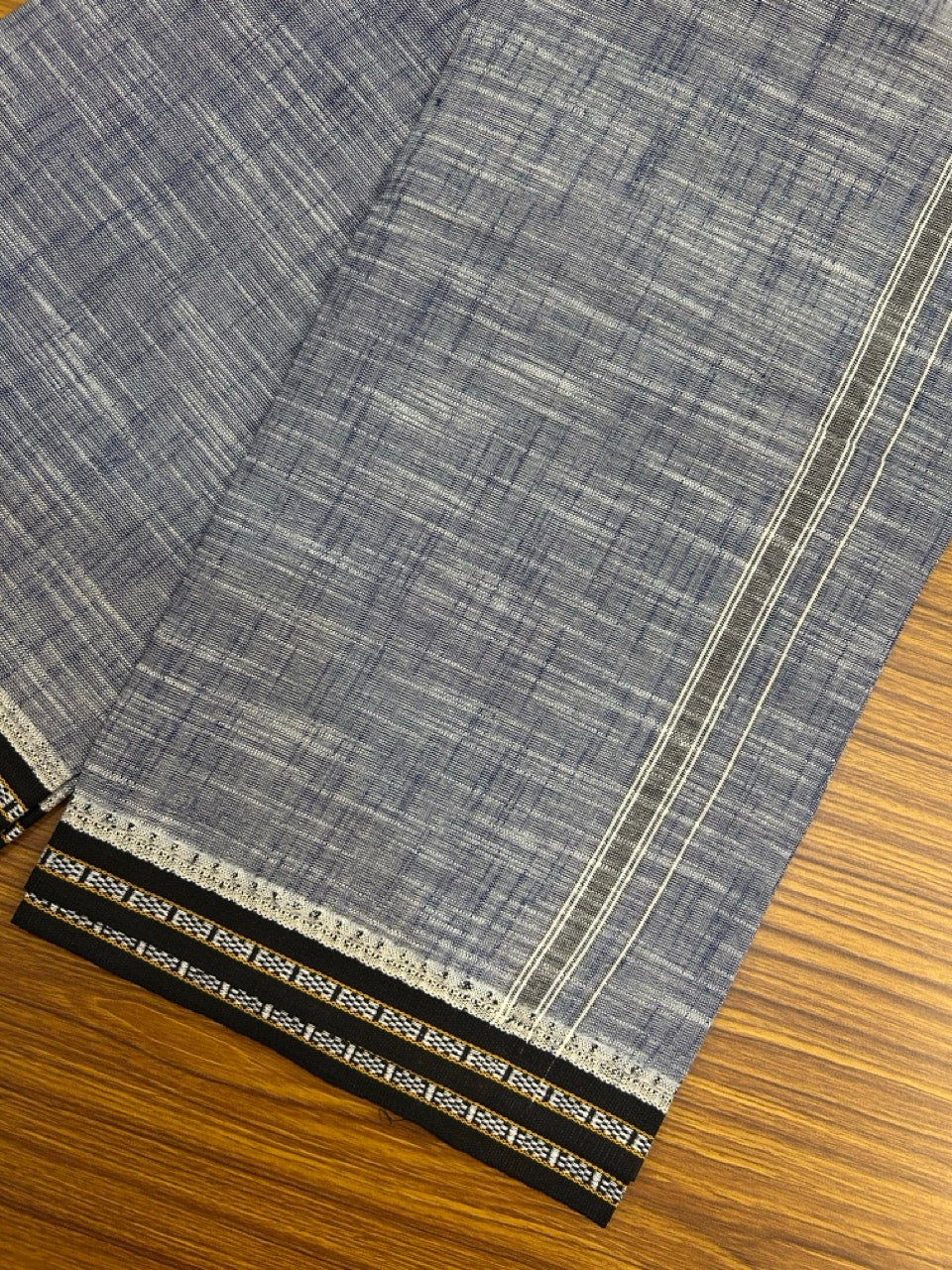 Premium Kathar Type Mund Pure cotton - Kaitharikada - Single Kaily / Lungi - 1.25 inch Black Kara kuppadam Border with Navy Blue White Shaded colour body  (2 meter / 4 muzham)- 8 KK8031 MUT
