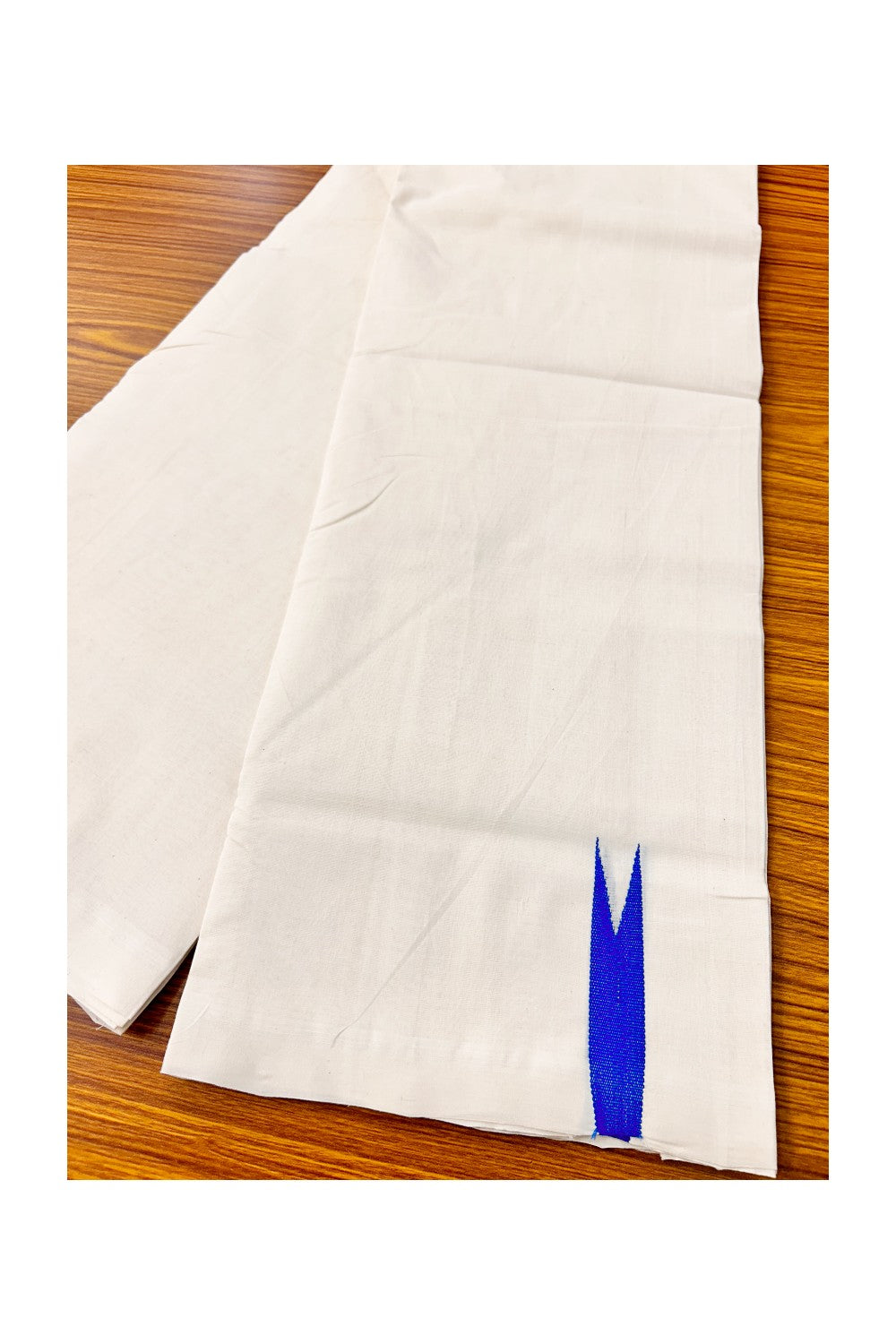 30% DISCOUNT! KaithariKada BALARAMAPURAM HANDLOOM Unakkupaav- 100% PURE Cotton 100x100 Double Mundu/Dhoti OFF WHITE (Unbleached) - PULIYILAKKARA Electric Blue 2.cm Chutty KARA-8RAM