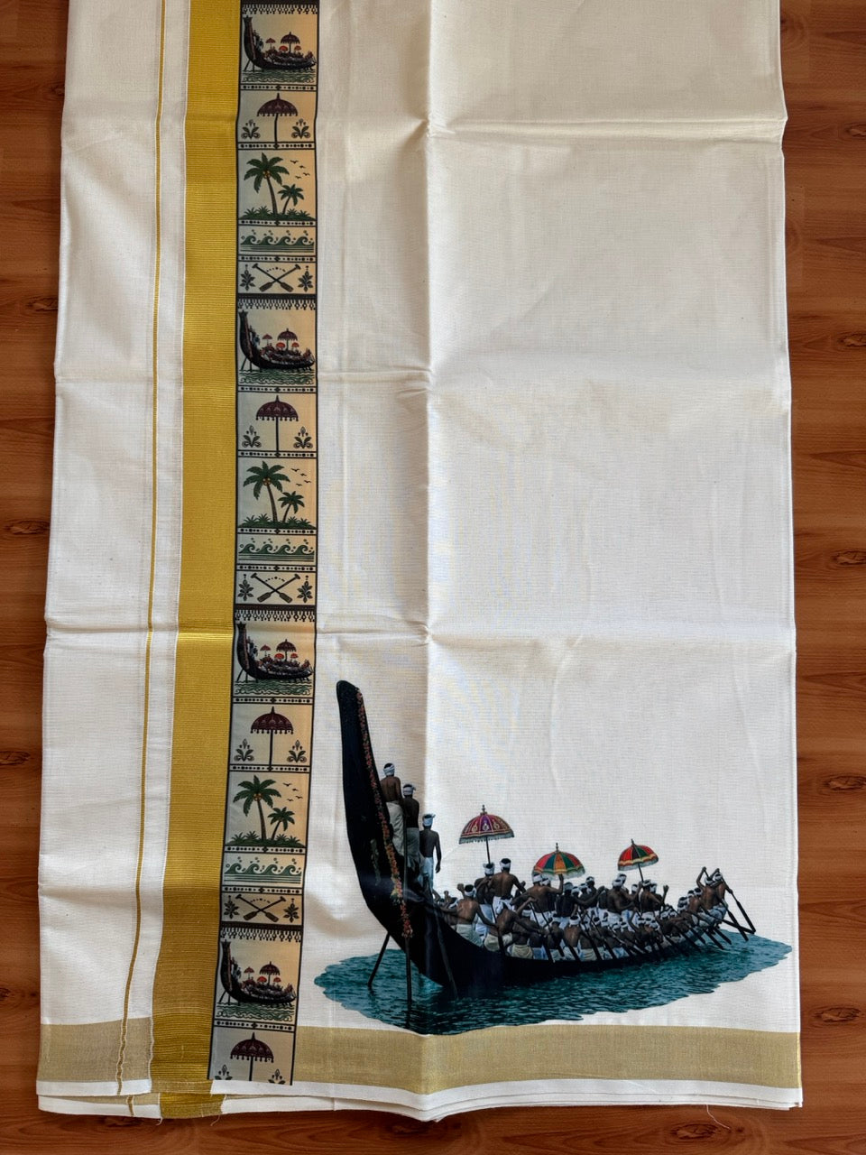Double Off White - Onam Festival Print - (Unbleached) Mundu/Dhoti- 20% Discount!! KaithariKada Mixed Cotton 60s - 1.5 inch Gold Kasav with Printed Design Kara - 5 KK5474 GAN