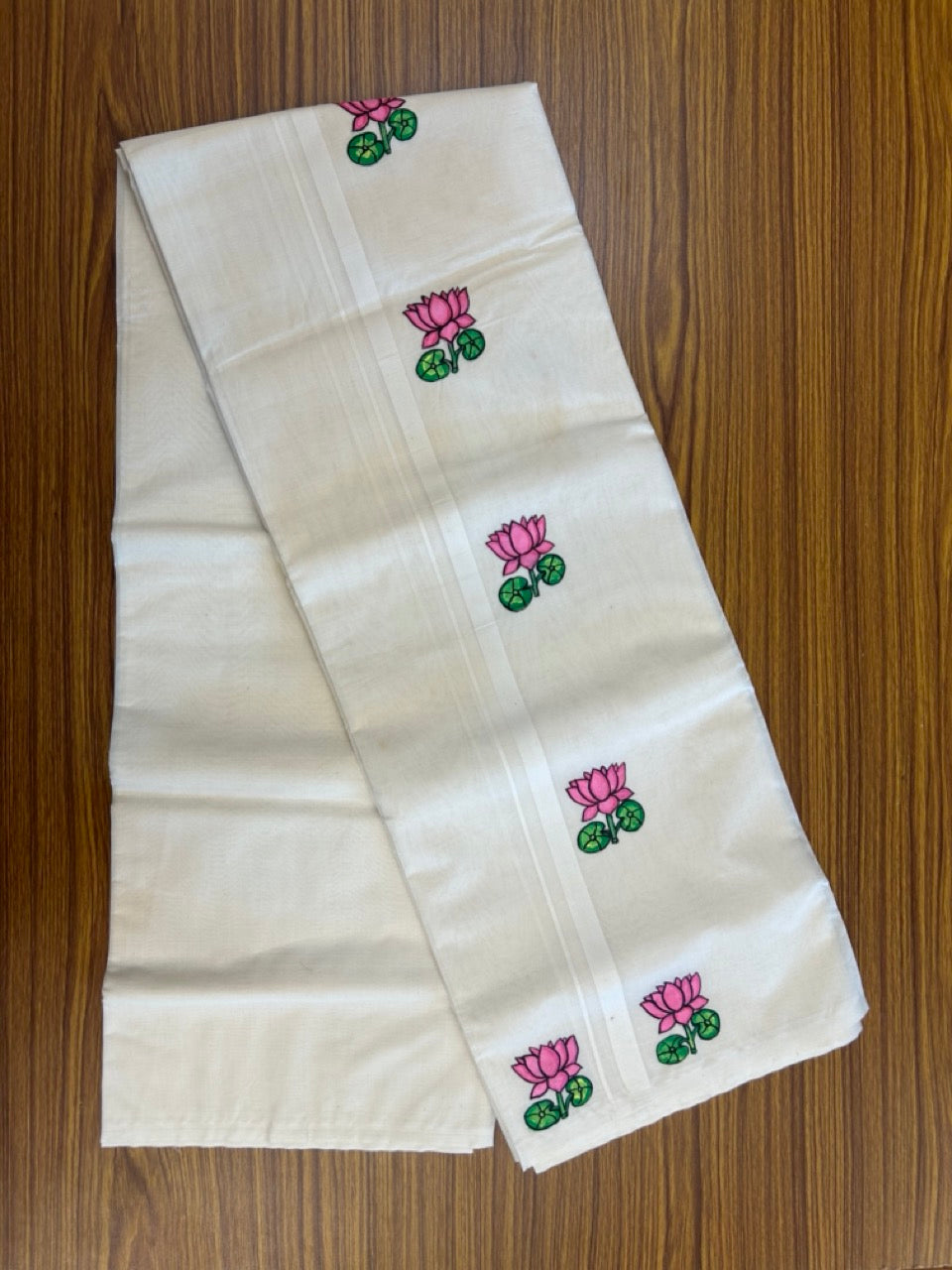 KaithariKada Balaramapuram 100% Cotton Double Off white - (Unbleached) Mundu/Dhoti-100x80 - 0.5 inch Hand Painted Pink Lotus Design Kara 3.80 mtr (8 muzham) - 6 KK5244 ASH
