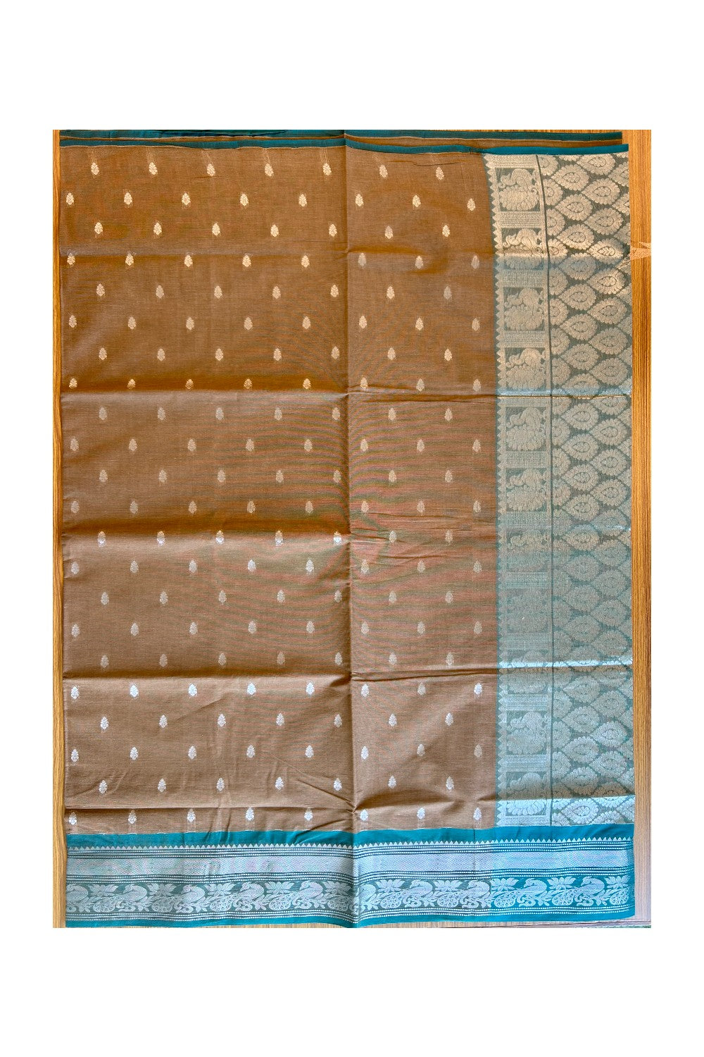 KaithariKada- Balaramapuram Saree - 100% PURE Cotton Silk -Brown & Peacock Blue, Peacock Design -8KK1005PAN.