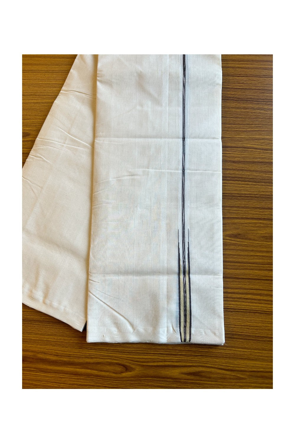 30% DISCOUNT!! KaithariKada HANDLOOM Millpaav Balaramapuram - 100% PURE Cotton OFF White - (Unbleached) Double Mundu/Dothi - 2 cm Puliyilakkara silver kasavu Black stripes with Black & Light yellow chutty - 8KK462RAM