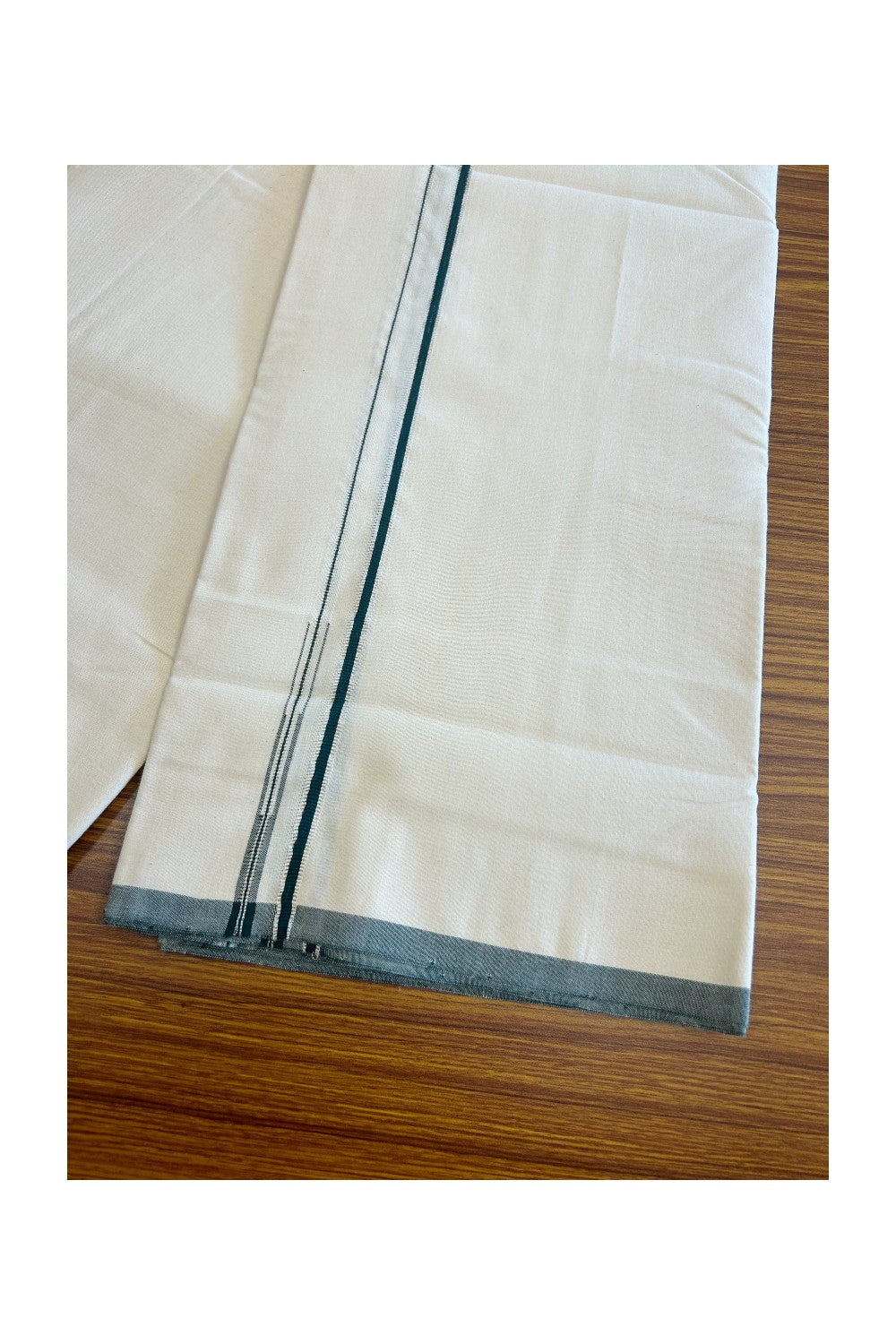 SIGNATURE KAITHARIKADA EXCLUSIVE SINGLE DHOTI - 100% Cotton Balaramapuram HANDLOOM Single Mundu/Dhoti - Off White - (Unbleached)  0.25inch Green & Silver Kasavu Kara  (2 metre / 4 muzham) - 8KK5010KAI