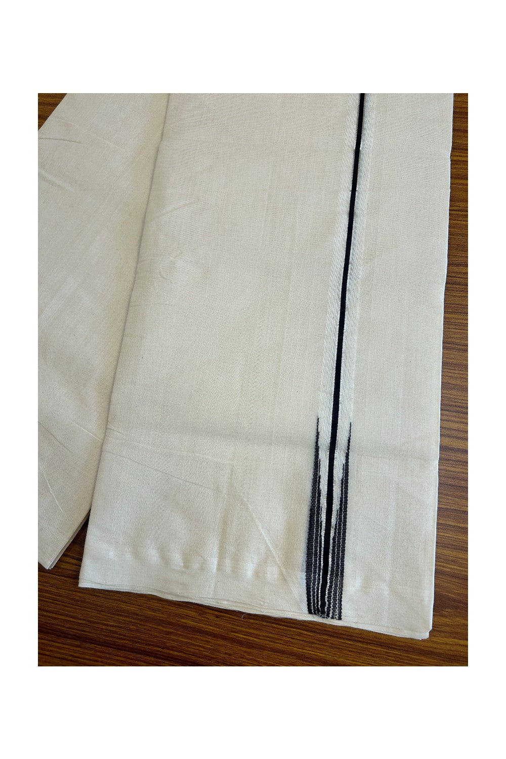 30% DISCOUNT!! KaithariKada HANDLOOM Millpaav Balaramapuram - 100% PURE Cotton OFF White Double - (Unbleached) Mundu/Dothi - 1 inch Puliyilakkara silver kasavu & Black Striped Chutty - 8KK5011RAM