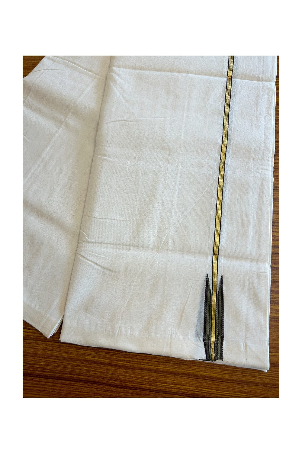 30% DISCOUNT!! KaithariKada HANDLOOM Unakkupaav  Balaramapuram - 100% PURE Cotton OFF White Double - (Unbleached) Mundu/Dothi - Kasavu dark olive green & Brown puliyilakkara Chutty - 8KK5029RAM
