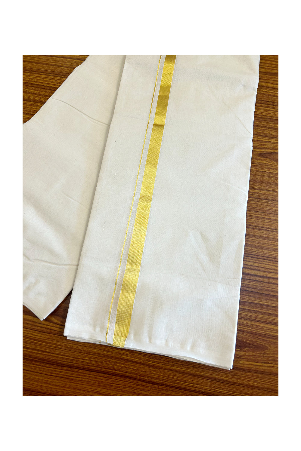 30% DISCOUNT!! KaithariKada HANDLOOM Millpaav Balaramapuram - 100% PURE Cotton OFF White - (Unbleached) Double Mundu/Dothi - 1.25 Inch Kasavu Kara - 8KK503RAM