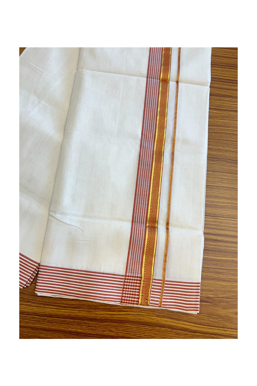 30% Discount KaithariKada HANDLOOM Unakkupaav Balaramapuram - 100% PURE Cotton Off White (Unbleached) Double Mundu/Dhoti - 2.25 inch  Kasavu & Brick Red Stripes Designer Kara-221