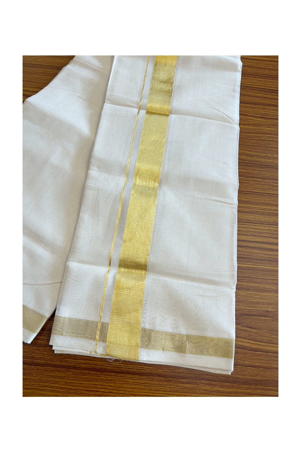 25% DISCOUNT! KaithariKada HANDLOOM Unakkupaavu Balaramapuram - 100% Cotton Double OFF White - (Unbleached) Mundu/Dhoti - 100x100 - 2 inch Gold Kasavu Kara 3.66 meters - 8KK5065KK