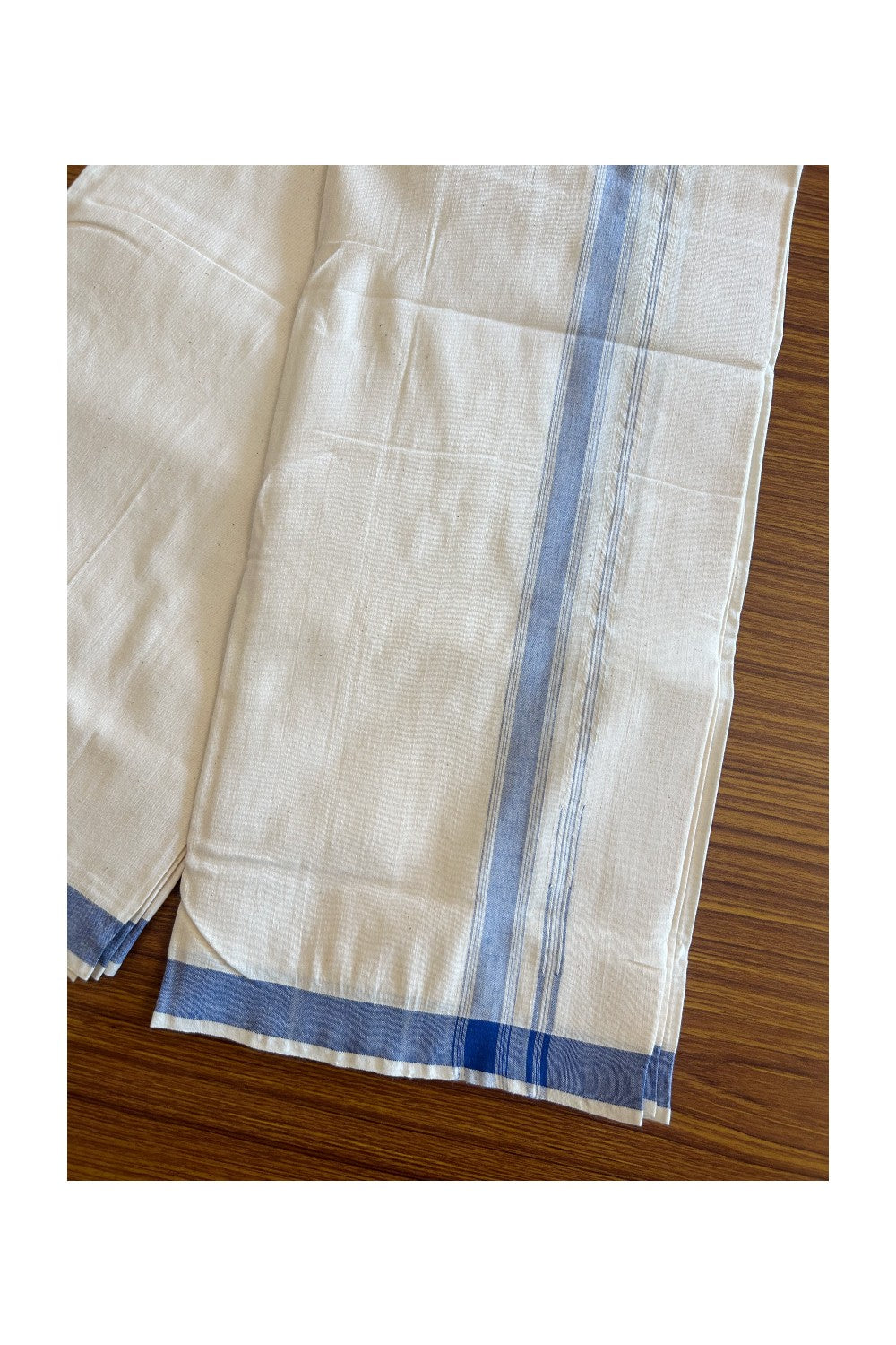 30% Discount ! KaithariKada 100% Cotton Balaramapuram HANDLOOM Single Mundu/Dhoti - Off White (Unbleached) 1inch(2 meter / 4 muzham) Blue Stripes Chutty Puliyilakkara- KK32KAI