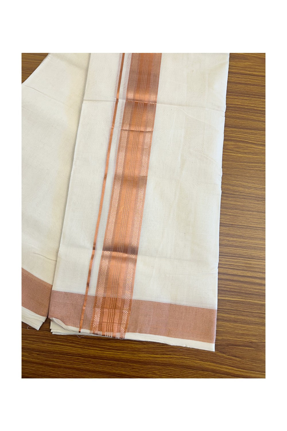 30% DISCOUNT ! KaithariKada HANDLOOM Unakkupaav Balaramapuram - 100% PURE Cotton Off White - (Unbleached) Double Mundu/Dhoti - Copper Striped 2.5 inch KARA- 4KK44RAM.