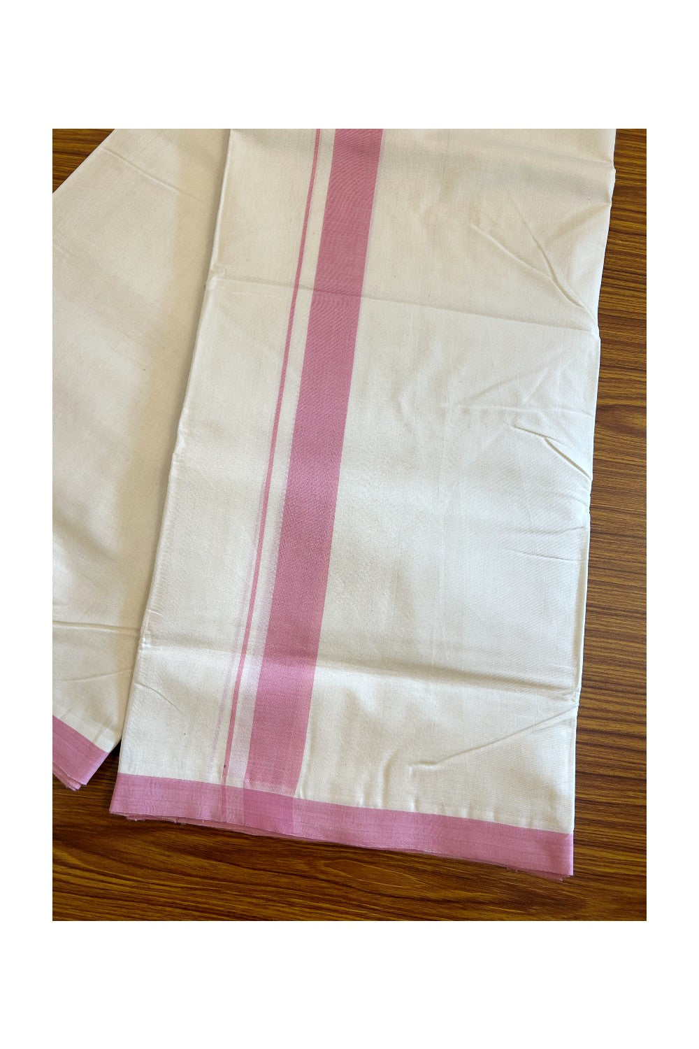 30% DISCOUNT!! KaithariKada HANDLOOM millpaav Balaramapuram - 100% PURE Cotton OFF White (Unbleached) Double Mundu/Dothi - 1.75 inch Pink Mulloth Kara 4.5 Meters (10 Muzham) - 31KK403RAM