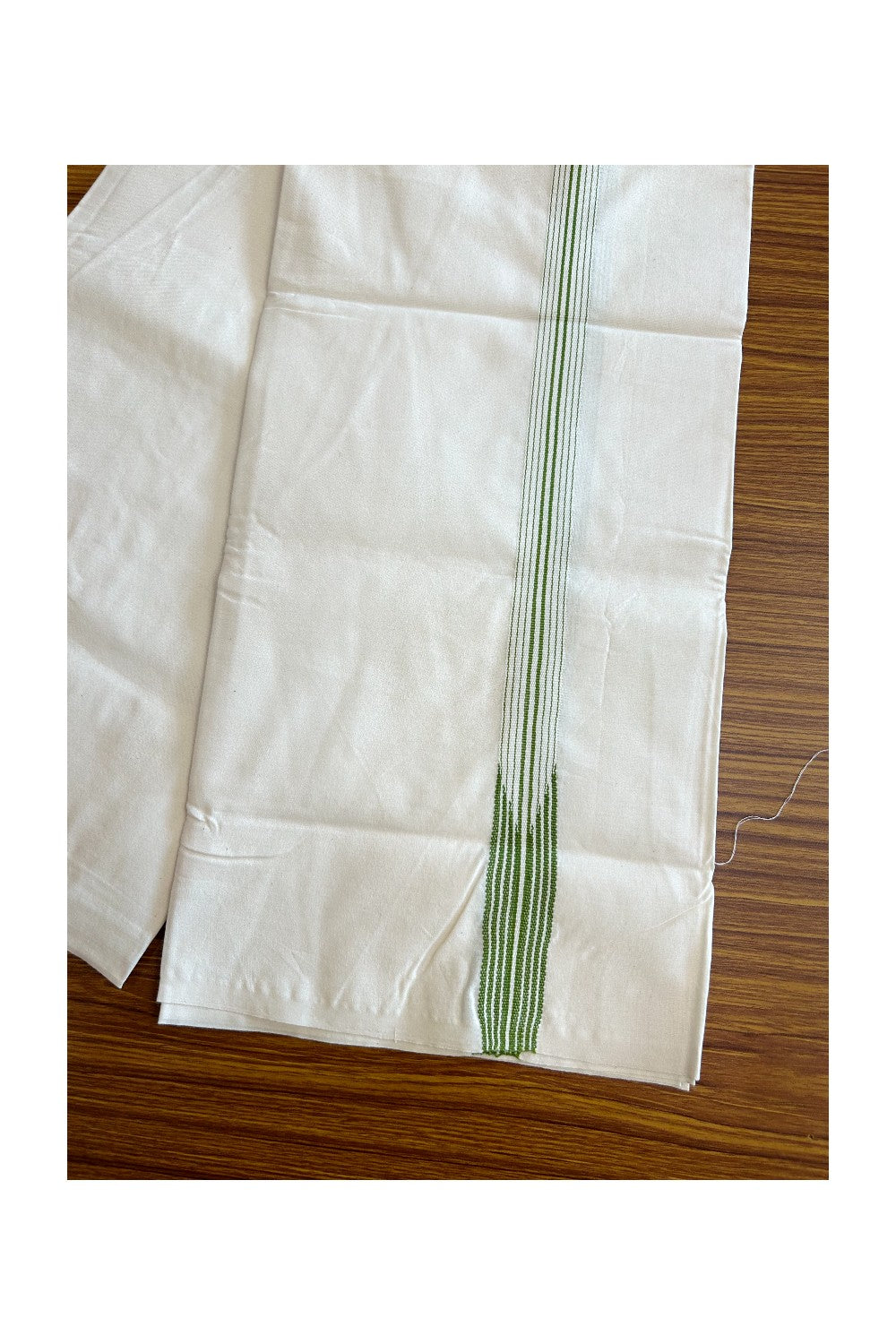 29% DISCOUNT ! KaithariKada Balaramapuram 100%  COTTON SINGLE OFF WHITE - (Unbleached)  Mundu/Dhoti - 100X100 - 1 Inch 8 Line Puliyilakkara Light Green Chutty (2 meter / 4 muzham)- 23KK411ASH
