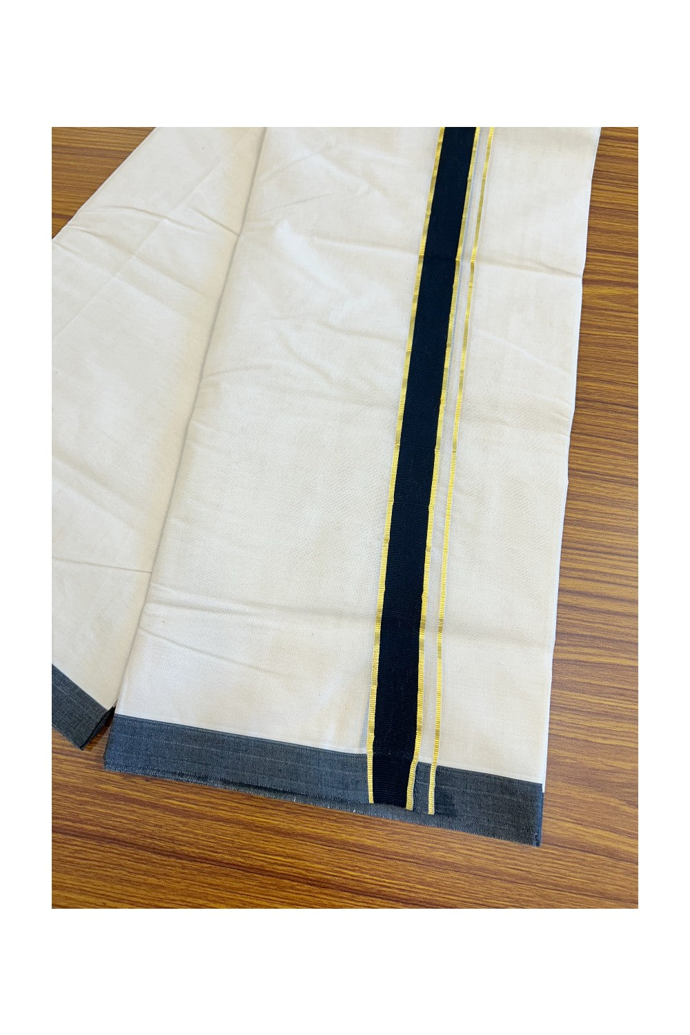 18% Discount ! KaithariKada Balaramapuram 100% Cotton Double Off white - (Unbleached) - Mundu/Dhoti-100X100 - 1.5inch Gold Kasavu & Black Kara.- 8KK5074ASH