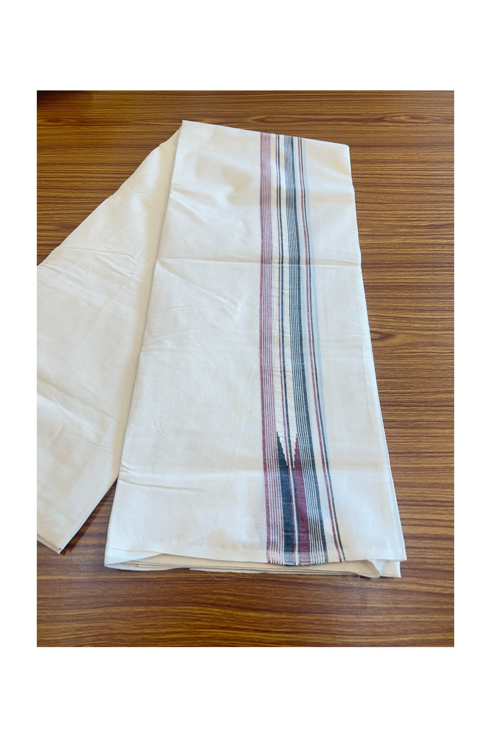 ADMK VESHTI 18% Discount !! KaithariKada Balaramapuram Double Off white - (Unbleached) Mundu/Dhoti - 100X100 - 2.25 inch Puliyilakkara Maroon & Black Striped Chutty Kara - Big Size Dhoti - 26KK5045ASH