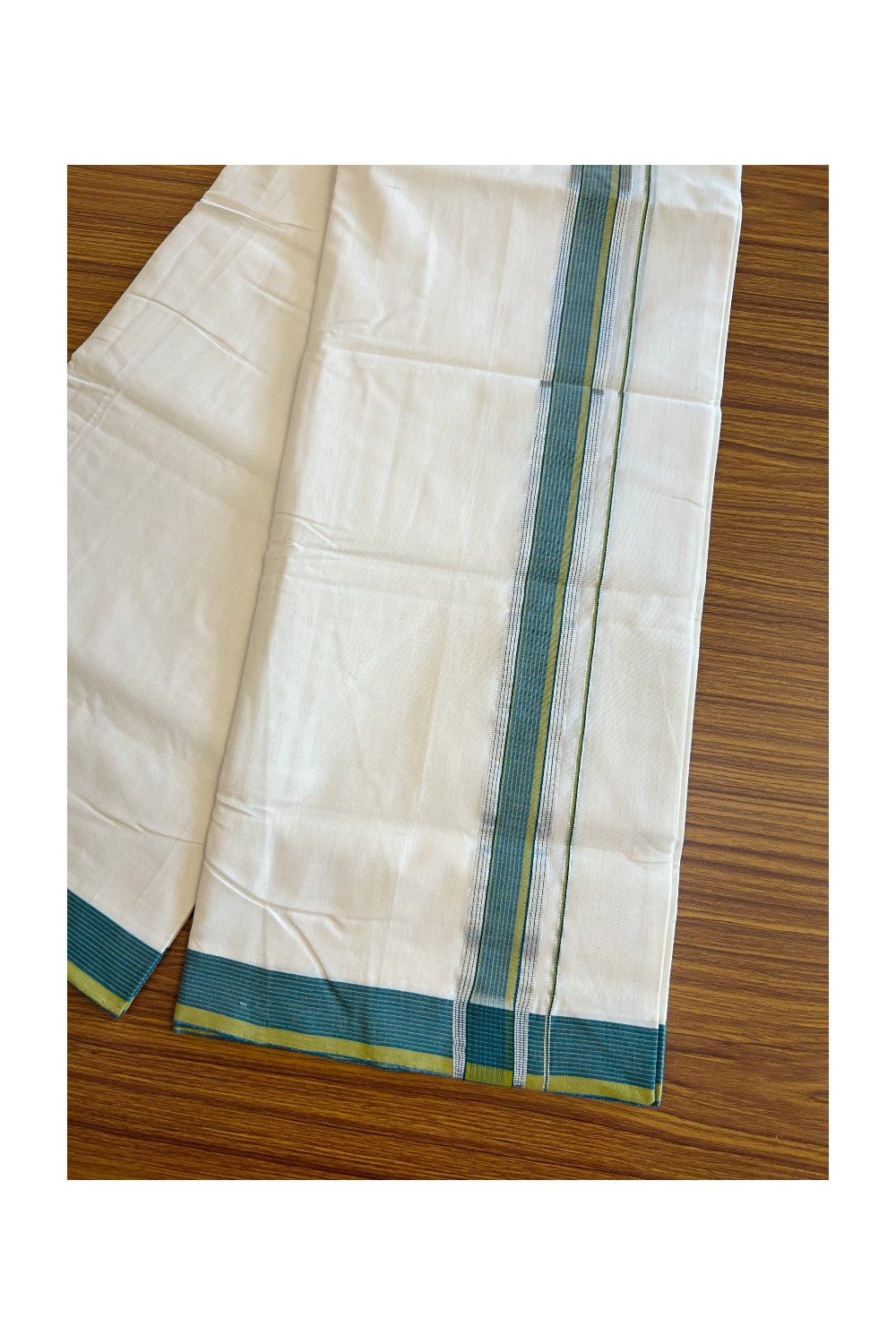 25% Discount !! KaithariKada HANDLOOM UNAKKUPAAV Balaramapuram - 100% PURE Cotton off white - (Unbleached) Double Mundu/Dhoti - 2 inch Silver kasavu Peacock Blue & Mustard Yellow striped kara - 8KK5082RAM