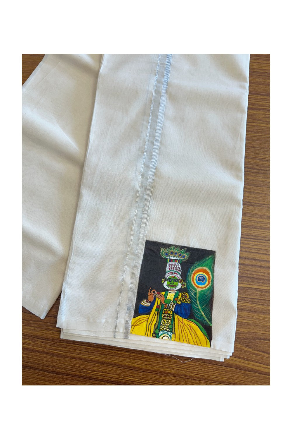 KaithariKada Balaramapuram 100% Cotton Double Off white - (Unbleached) Mundu/Dhoti-100x80 0.75 inch SILVER Kasavu & Hand Painted Kadhakali Design Kara 3.70 meter (8 Muzham) - 8KK5083ASH