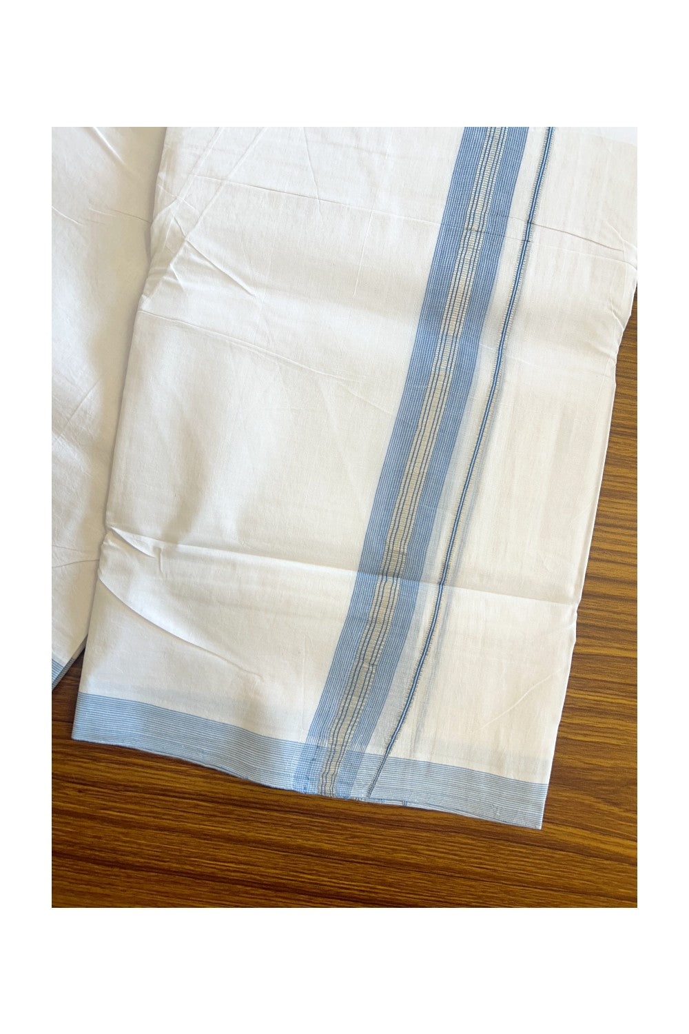 30% Discount KaithariKada HANDLOOM Unakkupaav Balaramapuram - 100% PURE Cotton PURE WHITE - 100x100 Double Mundu/Dhoti - 1.25 inch Sky Blue & Silver Striped Kasavu Kara - 8KK5129YAR