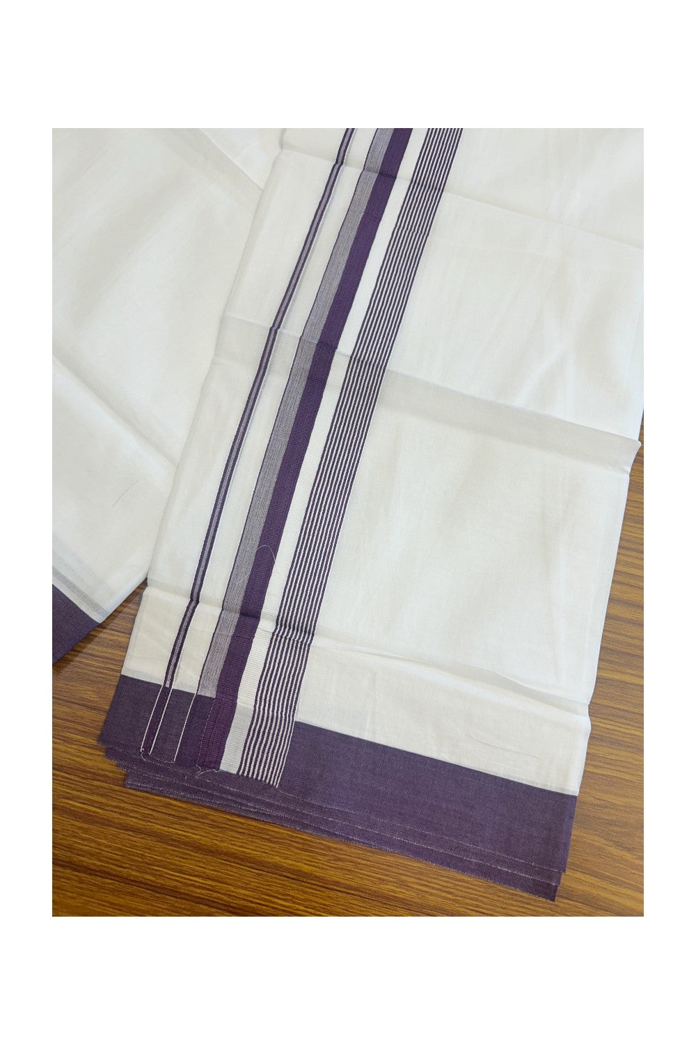 20% DISCOUNT! KaithariKada Balaramapuram 100% Cotton Double PURE white Mundu/Dhoti - 100x80 - 1.75 Inch Violet Striped Kara - 8KK5135GAN