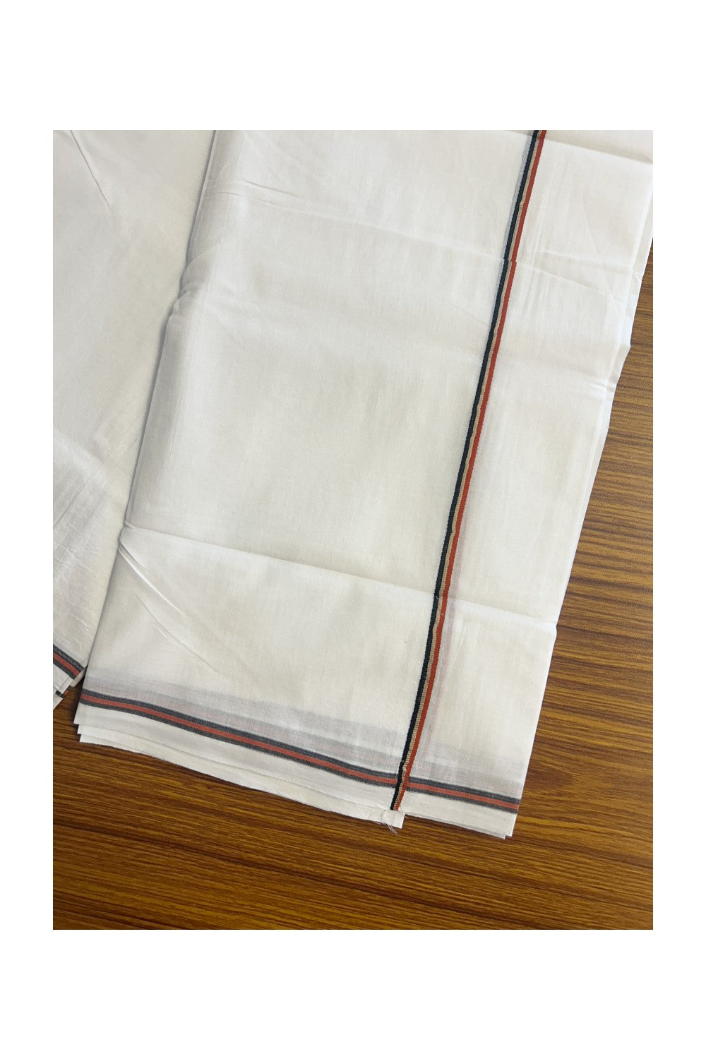 20% Discount!!  KaithariKada Balaramapuram 100% Cotton Double PURE WHITE Mundu/Dhoti - 100X100 - 0.25 inch Brick Red, Black & Silver Striped kara - 2KK5146ASH