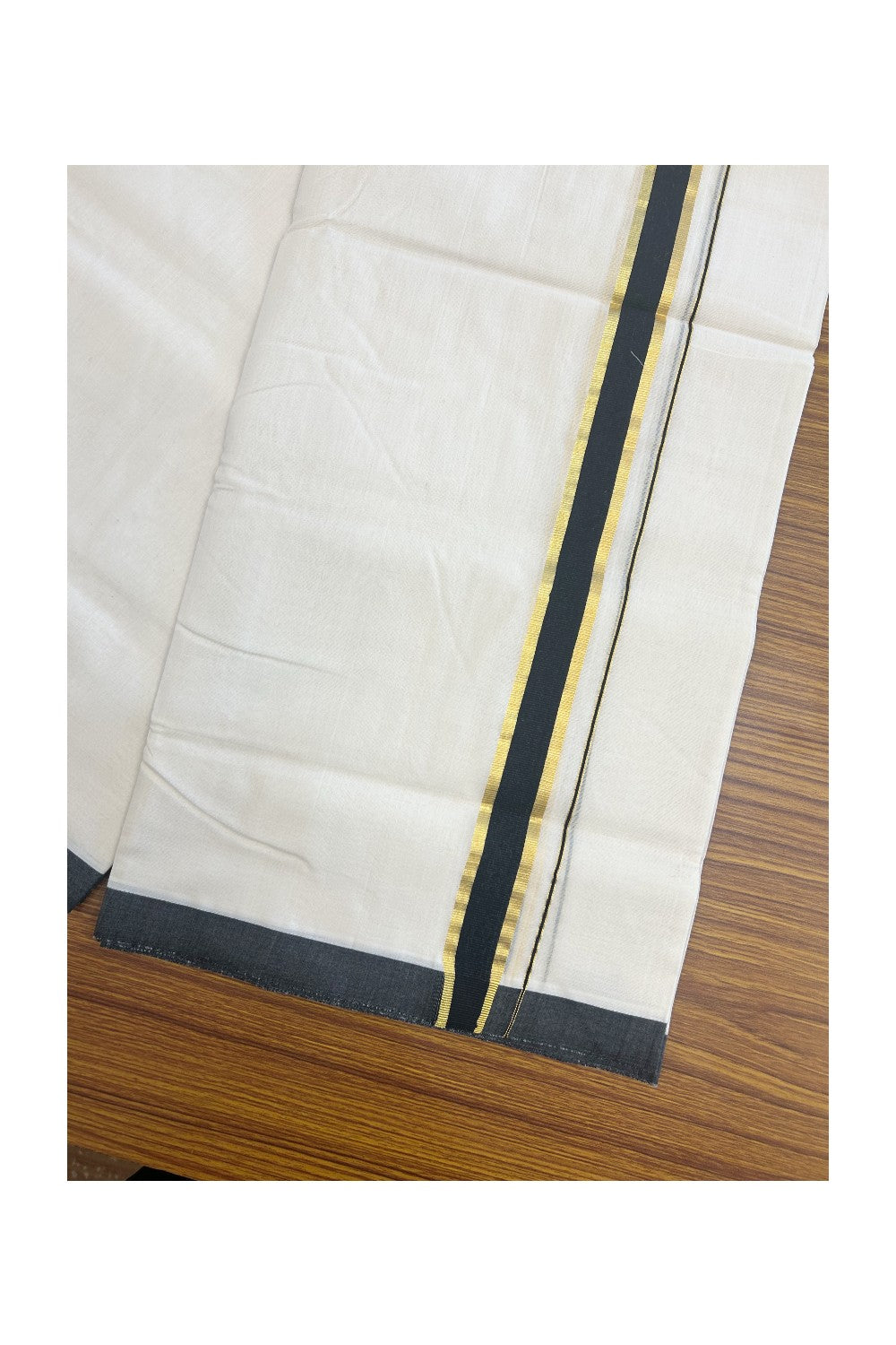 30% DISCOUNT!! KaithariKada HANDLOOM UNAKKUPAAV Balaramapuram - 100% PURE Cotton OFF White Double - (Unbleached)- Mundu/Dothi - 1.25inch Gold Kasavu & Black Kara 4.5 Meters (10 Muzham) - 8KK5160REA