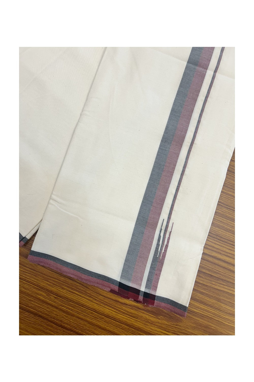 DMK Veshti - KaithariKada Balaramapuram 100% COTTON SINGLE OFF WHITE- (Unbleached) Mundu/Dhoti-100X100 -1.25 inch Puliyilakkara Maroon & Black Shaded Chutty (2 meter / 4 muzham) - 8KK5166ASH