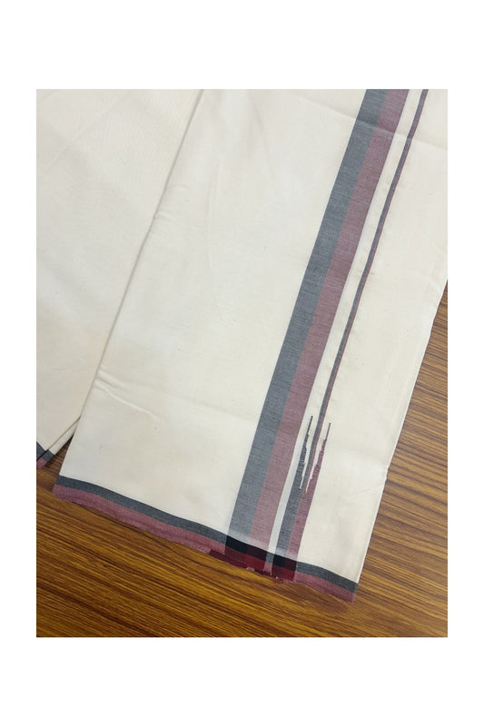 DMK Veshti - KaithariKada Balaramapuram 100% COTTON SINGLE OFF WHITE- (Unbleached) Mundu/Dhoti-100X100 -1.25 inch Puliyilakkara Maroon & Black Shaded Chutty (2 meter / 4 muzham) - 8KK5166ASH