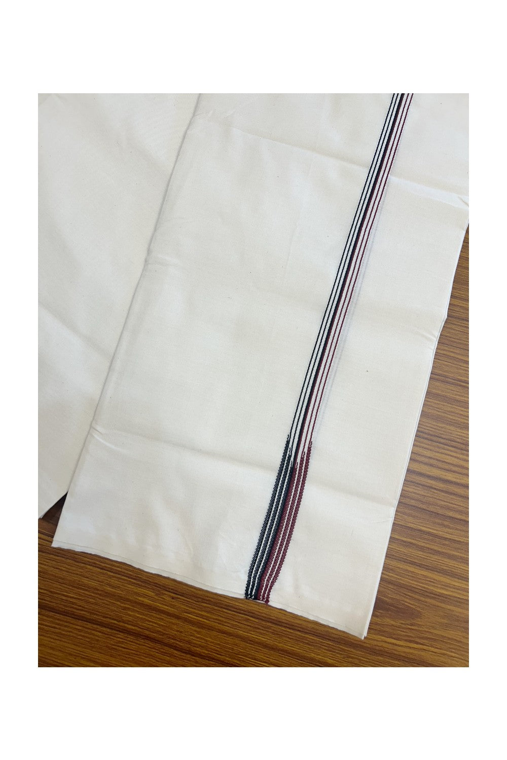 ADMK Veshti - KaithariKada Balaramapuram 100% COTTON SINGLE OFF WHITE- (Unbleached) Mundu/Dhoti-100X100 - 2 cm Puliyilakkara 6 line Maroon & Black Chutty (2 meter / 4 muzham) - 8KK5168ASH