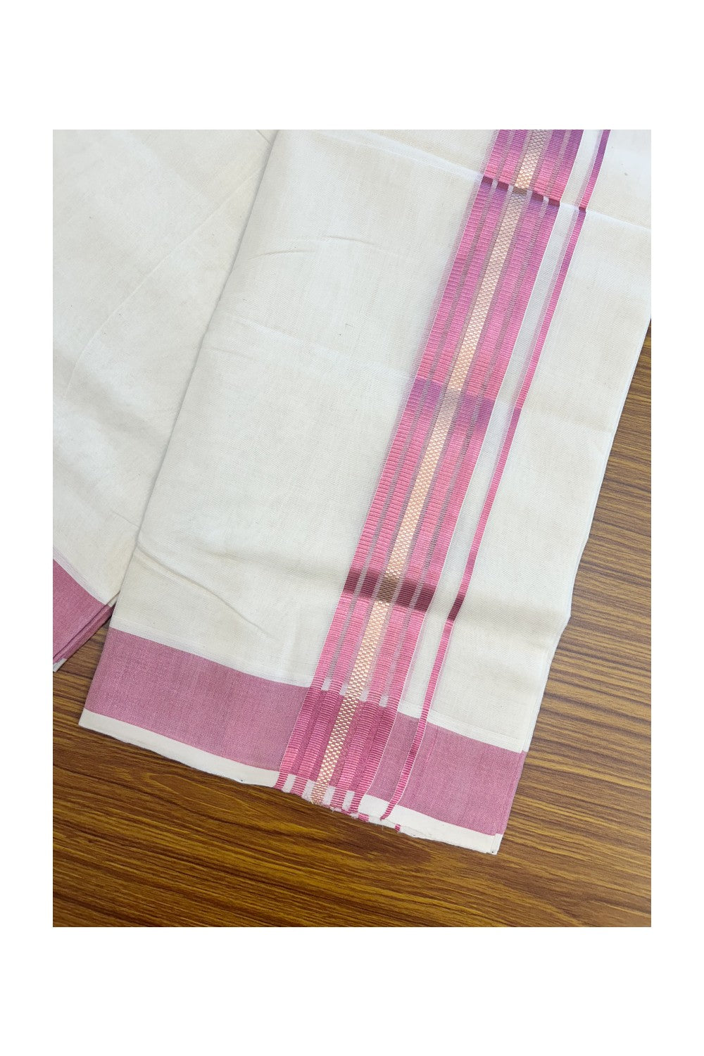 25% DISCOUNT!! KaithariKada HANDLOOM MILLPAAV Balaramapuram - 100% PURE Cotton OFF White - (Unbleached) Double Mundu/Dothi - 2 inch ROSE PINK colour kasavu & Gold Kasavu Striped kara - 4KK5170RAM