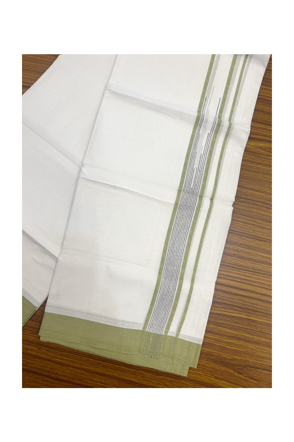 20% DISCOUNT! KaithariKada Balaramapuram DOUBLE PURE WHITE 100% Cotton Mundu/Dhoti - 100x80 - 1.5 inch Parrot Green Putta Design Chutty Kara - 8KK5174THI