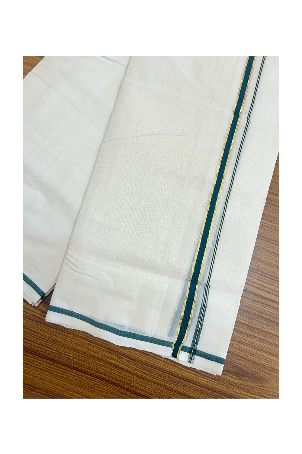 25% DISCOUNT!! KaithariKada HANDLOOM MILPAAV Balaramapuram - 100% PURE Cotton OFF White Double - (Unbleached) Mundu/Dothi - 100x100 - 0.5 Inch Kasavu Green Puliyilakkara chutty - 7KK5177RAM
