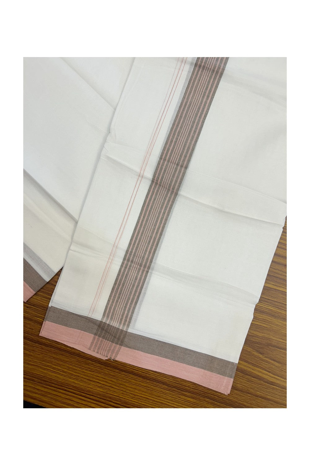 20% Discount ! Kaitharikada Balaramapuram 100% Cotton PURE WHITE Double Mundu/Dothi - 100x80 - 1.5 inch Peach & Wood Brown Striped Kara - 8KK5183VIN