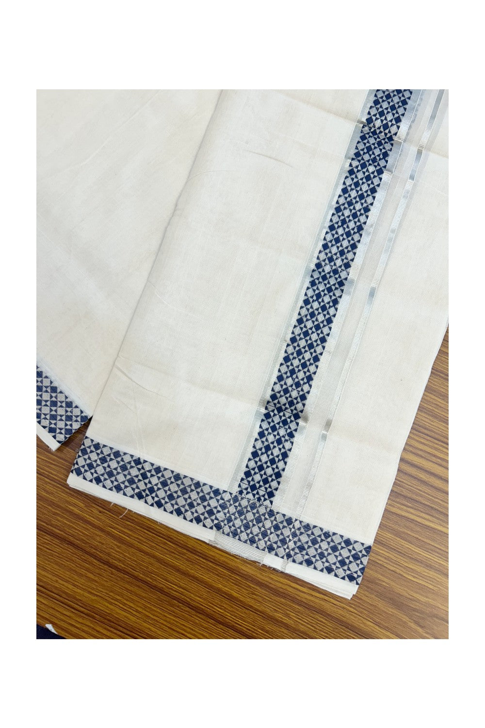 25% DISCOUNT ! KaithariKada HANDLOOM Unakkupaav Balaramapuram - 100% PURE Cotton Off White - (Unbleached) Double Mundu/Dhoti - 1.75 inch Silver Kasavu & Navy Blue Jacquard Design Kara - 8KK5206 ABH