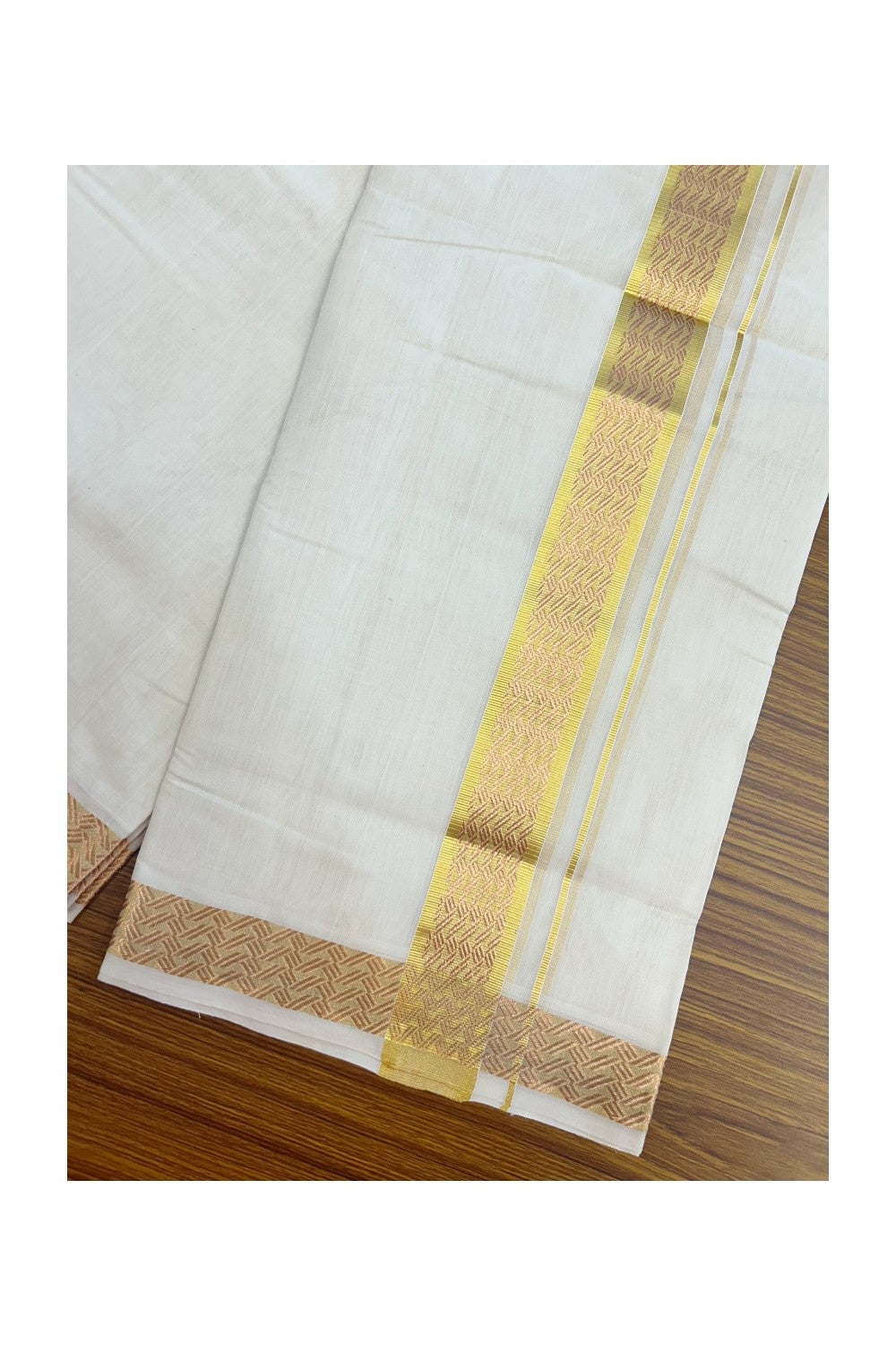 25% DISCOUNT ! KaithariKada HANDLOOM UNAKKUPAAV Balaramapuram - 100% PURE Cotton Off White - (Unbleached) Double Mundu/Dhoti - 1.75 inch Gold Kasavu & Copper Kasavu Jacquard Design Kara - 8KK5208ABH