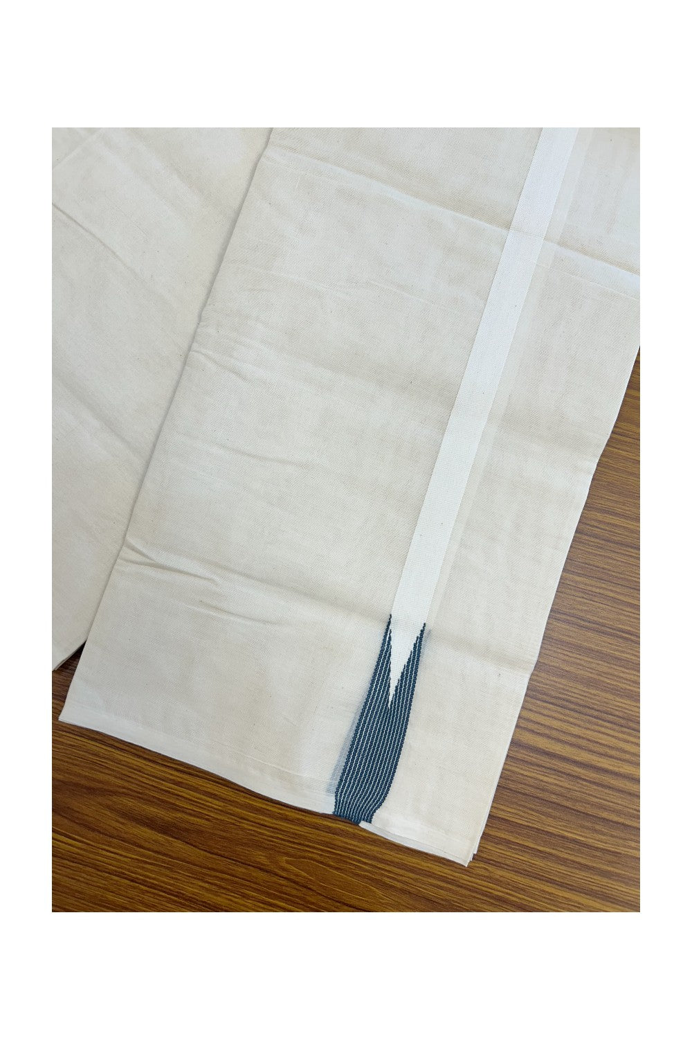 20% DISCOUNT ! KaithariKada Balaramapuram 100% COTTON Double OFF WHITE (Unbleached) Mundu/Dhoti- 100x100 - 1 inch Puliyilakkara Blue Grey Striped Chutty Kara - 8KK5211ASH