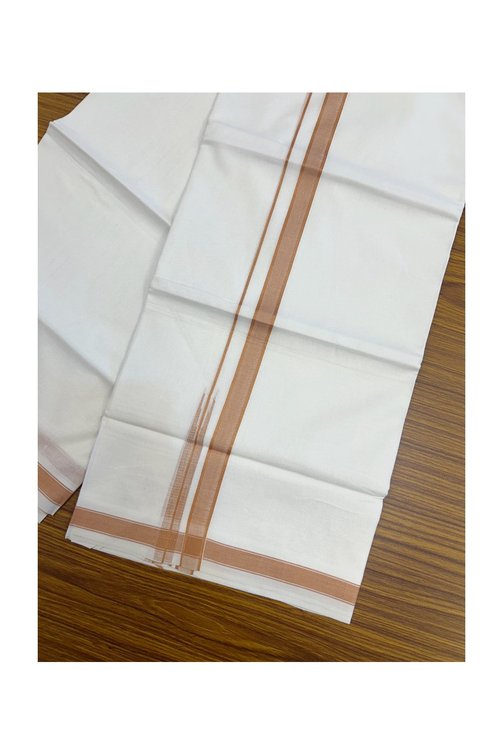 20% Discount!!! KaithariKada Balaramapuram  Double PURE WHITE Mundu/Dhoti - 100x80 - 0.75 inch Pestel Orange shaded puliyilakkara striped chutty - 8KK5217 CKS