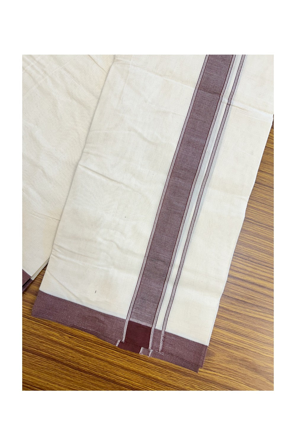 NEW !! 20% DISCOUNT!! KaithariKada Balaramapuram 100% Cotton Double Off white - (Unbleached) Mundu/Dhoti-100x80 - 1.5 inch Brown Shaded Striped KARA - 3.75 mtr (8 Muzham) - 8KK5218 ASH