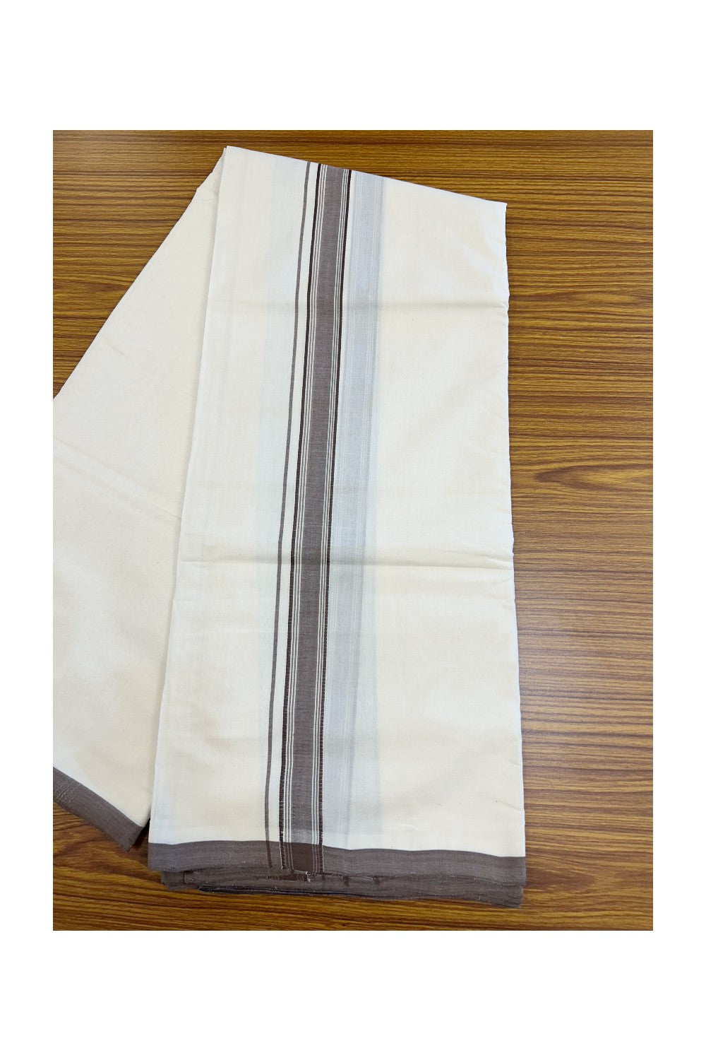 PREMIUM HANDLOOM-20% DISCOUNT! KaithariKada  Cotton OFF White - 100x80 thread-  NORTH INDIAN ATTACHED GAMCHA - 9X5 & 10X6 muzham Dhoti - 1.5 inch Brown Border - 8KK5223VEL