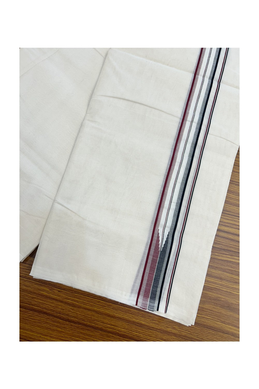 ADMK VESHTI 20% Discount !! KaithariKada Balaramapuram Double Off white - (Unbleached) Mundu/Dhoti - 100X100 - 1.25 inch Puliyilakkara Maroon & Black Striped Chutty Kara -3.90 mtr (8 muzham)- 8KK5226 ASH
