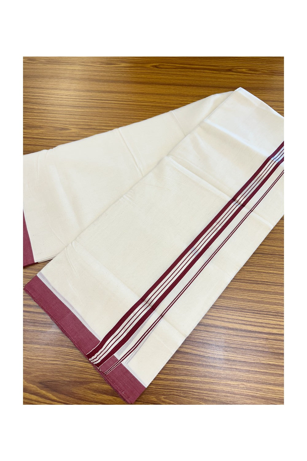 25% Discount!!! KaithariKada HANDLOOM MILLPAAV Balaramapuram - 100% PURE Cotton OFF WHITE (Unbleached) Double Mundu/Dhoti - 80x90 - 1.25 inch Silver kasavu striped Maroon kara  4 Mtr (8.5 Muzham) - 8KK5235 YAR
