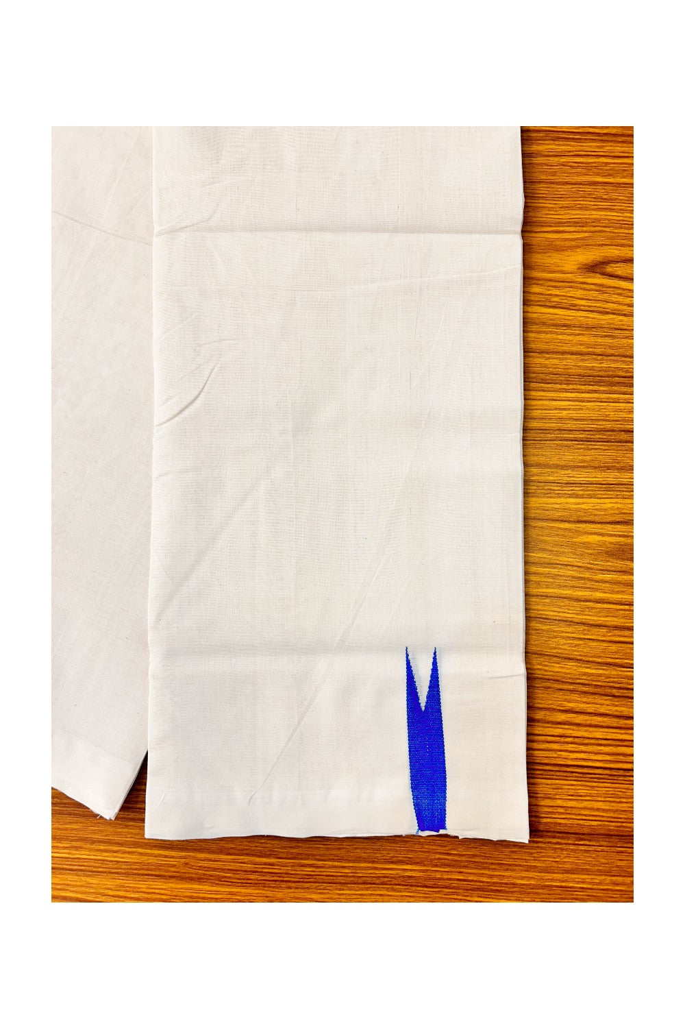 30% DISCOUNT! KaithariKada BALARAMAPURAM HANDLOOM Unakkupaav- 100% PURE Cotton 100x100 Double Mundu/Dhoti OFF WHITE (Unbleached) - PULIYILAKKARA Electric Blue 2.cm Chutty KARA-8RAM
