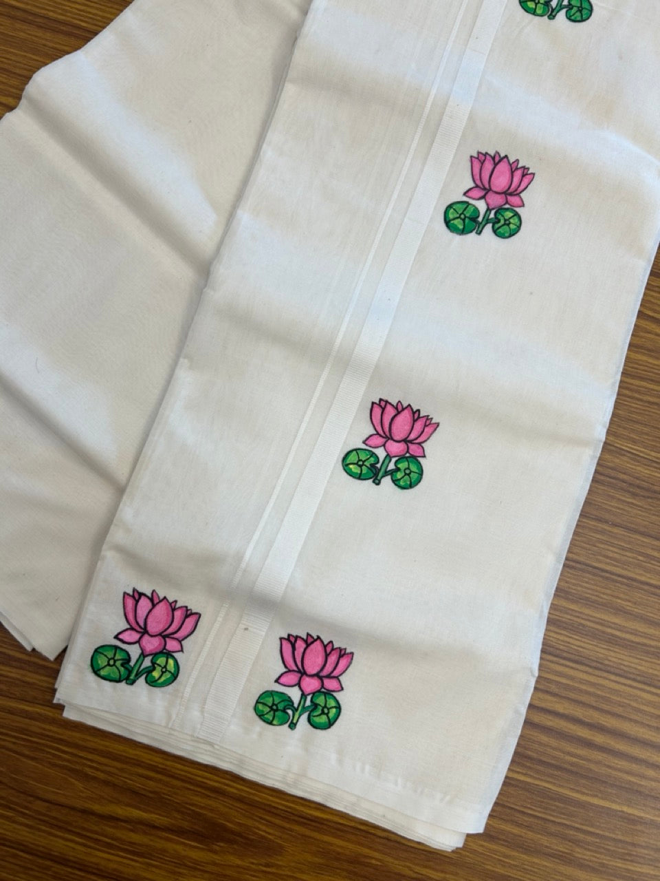 KaithariKada Balaramapuram 100% Cotton Double Off white - (Unbleached) Mundu/Dhoti-100x80 - 0.5 inch Hand Painted Pink Lotus Design Kara 3.80 mtr (8 muzham) - 6 KK5244 ASH