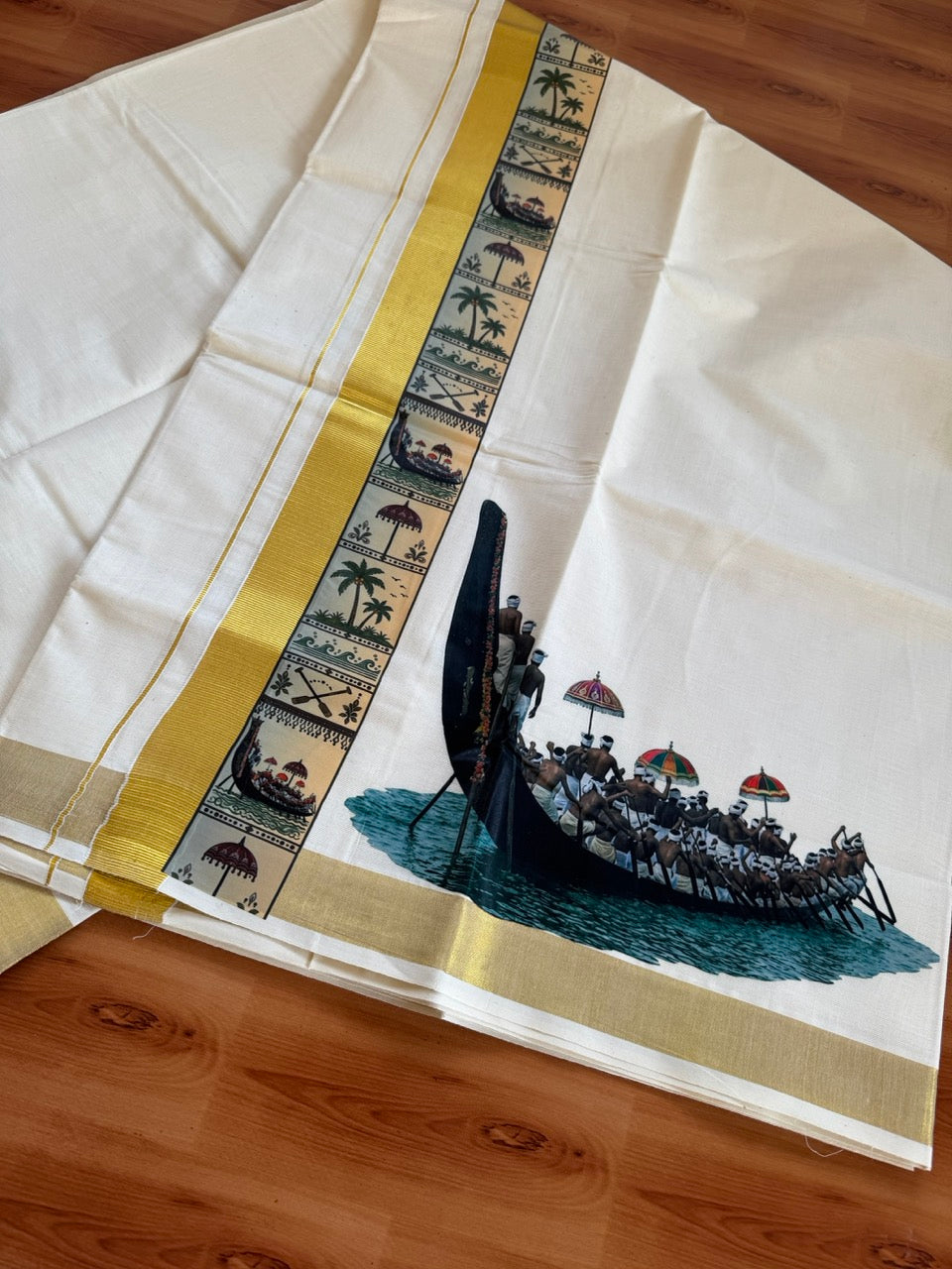 Double Off White - Onam Festival Print - (Unbleached) Mundu/Dhoti- 20% Discount!! KaithariKada Mixed Cotton 60s - 1.5 inch Gold Kasav with Printed Design Kara - 5 KK5474 GAN