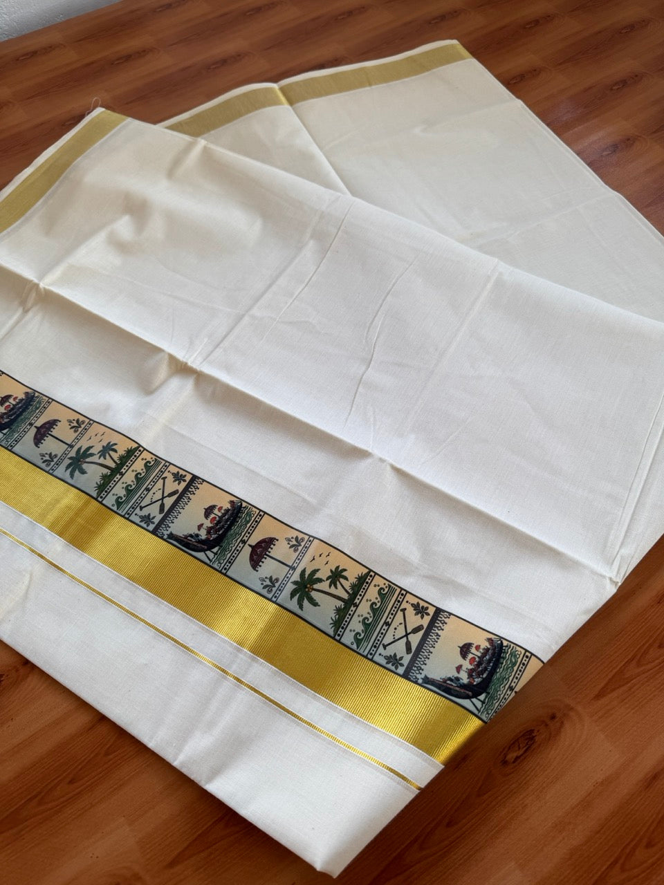 Double Off White - Onam Festival Print - (Unbleached) Mundu/Dhoti- 20% Discount!! KaithariKada Mixed Cotton 60s - 1.5 inch Gold Kasav with Printed Design Kara - 5 KK5474 GAN