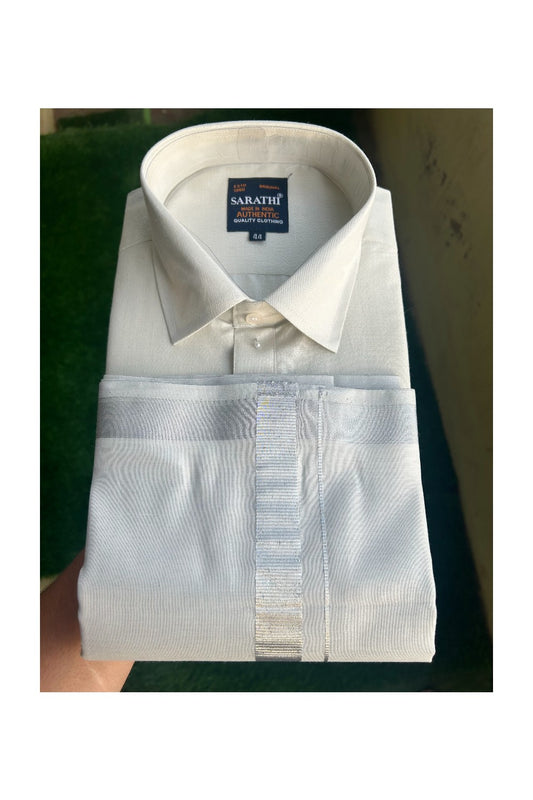 NEW! Kaitharikada Special - Art Silk Men's Shirt & Dhoti Set - Silver Kasavu Shaded Full Sleeve shirt and Silver Kasavu Shaded Dhothi with Silver Kasavu Kara- 8KK6003SAR.