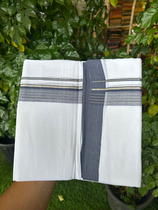 4.5 Meters (10 Muzham) - Pure white double 20% Discount ! KaithariKada Balaramapuram - 100% Pure Cotton 100x80 - Mundu/Dothi - 1.75 inch Navy Blue Silver Kasav Kara  - 80 KK5258 THI