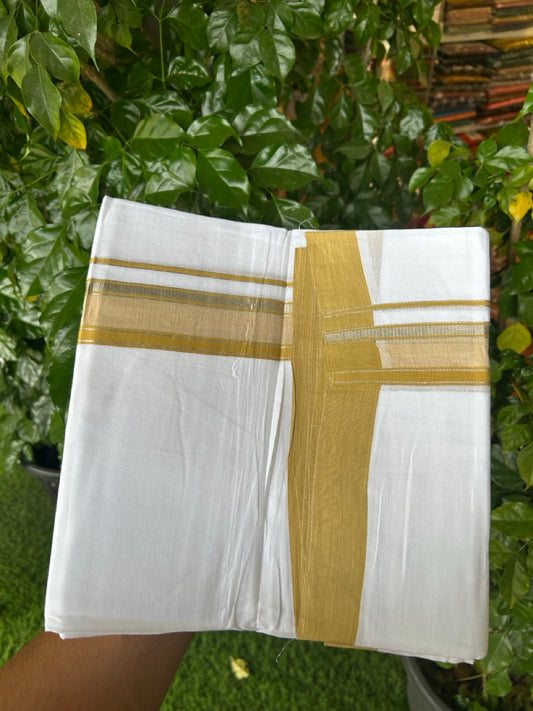 4.5 Meters (10 Muzham) - Pure white double 20% Discount ! KaithariKada Balaramapuram - 100% Pure Cotton 100x80 - Mundu/Dothi - 1.75 inch Mustard Yellow Silver Kasav Kara  - 81 KK5258 THI