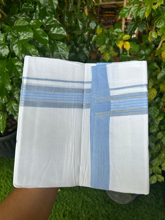 4.5 Meters (10 Muzham) - Pure white double 20% Discount ! KaithariKada Balaramapuram - 100% Pure Cotton 100x80 - Mundu/Dothi - 1.75 inch Sky Blue Silver Kasav Kara  - 82 KK5258 THI