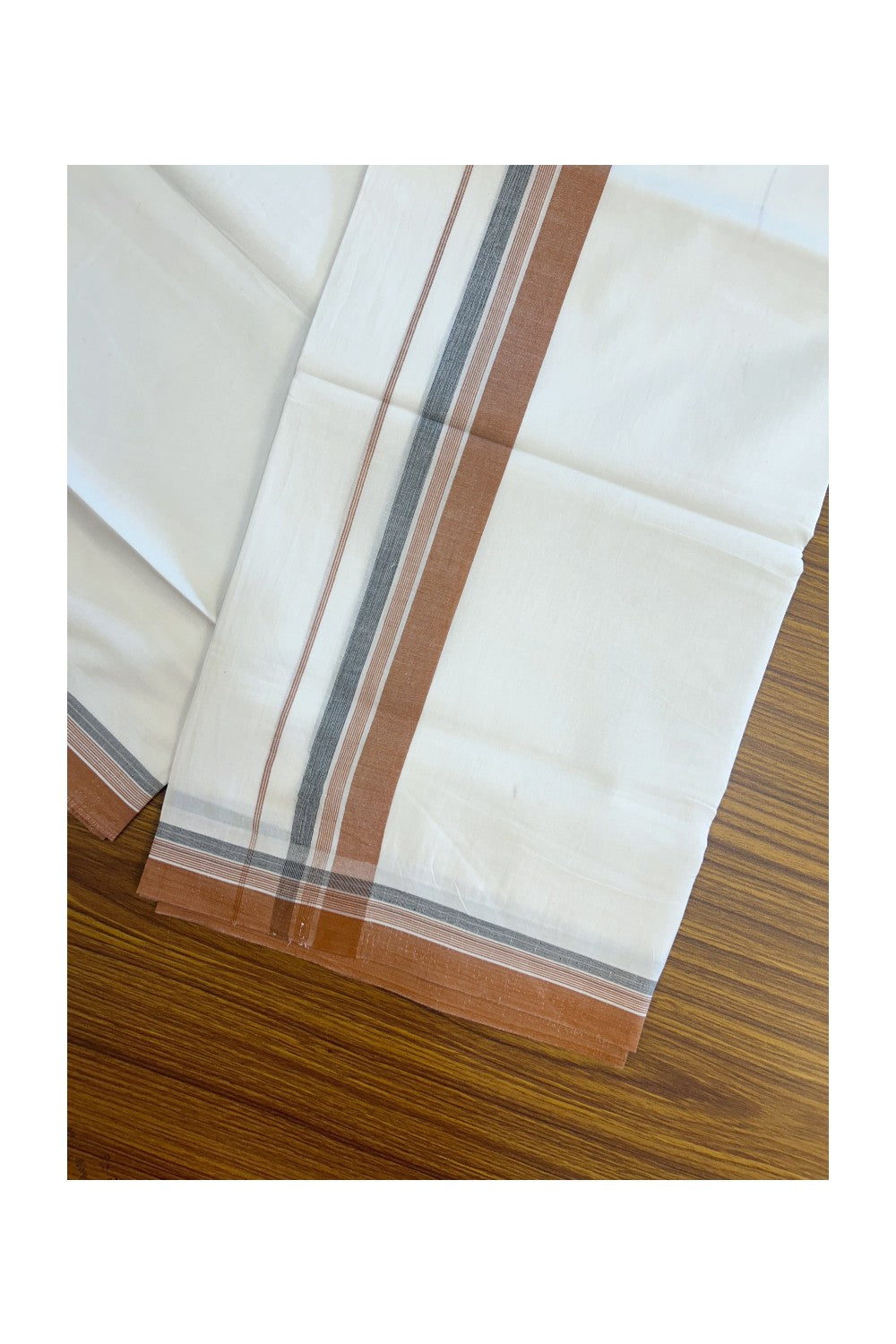 20% Discount ! Kaitharikada Balaramapuram 100% Cotton PURE WHITE Double Mundu/Dothi - 100x80 - 1.5 inch Light Rust Brown & Black Shaded Striped Kara 3.75 mtr (8 muzham) - 81KK5220 THI