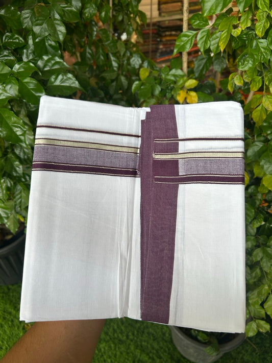 4.5 Meters (10 Muzham) - Pure white double 20% Discount ! KaithariKada Balaramapuram - 100% Pure Cotton 100x80 - Mundu/Dothi - 1.75 inch Violet Silver Kasav Kara  - 83 KK5258 THI