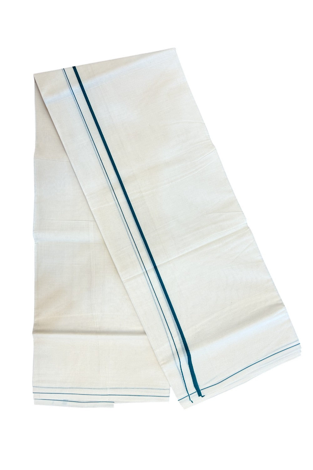 KaithariKada Balaramapuram 100% Cotton Double OFF WHITE (unbleached) Mundu/Dhoti- 60s - 0.5 cm Bottle Green thin Kara 4 mtr (8.5 muzham) - 82KK5227 PMC
